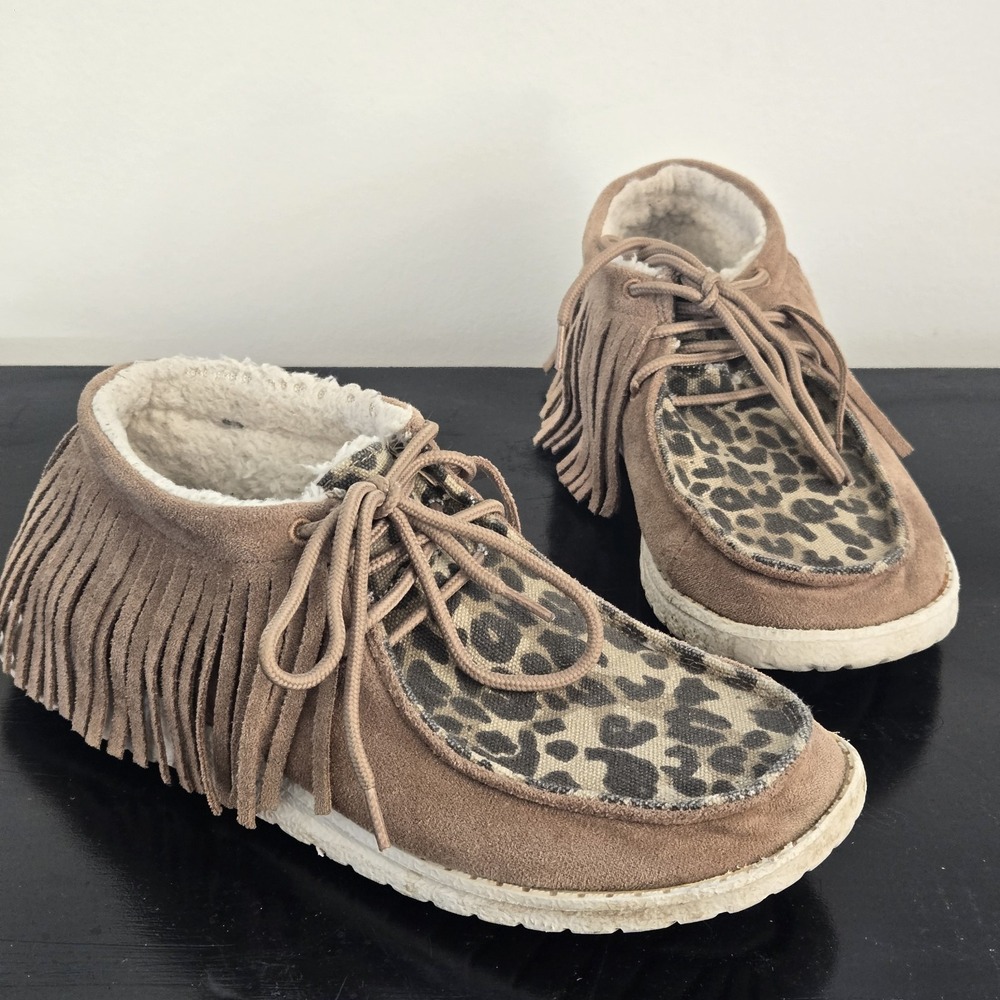 Very G Gypsy Leopard Fringe Faux Fur Moccasin Sneakers Brown Women's Size 7 Boho